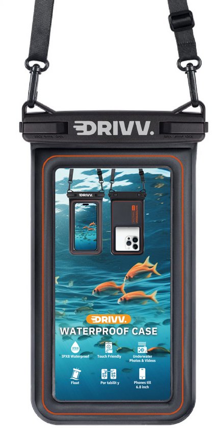Drivv. Luxe Waterdicht Telefoonhoesje – Drijvend - Dubbele Klipsluiting - Telefoons tot 6.8 inch – Onderwater Hoesje Telefoon - Zwart