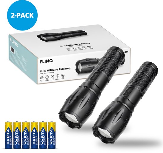 FlinQ Militaire Zaklamp - 1000 lumen LED lamp - Inclusief 6 Batterijen - Waterbestendige Flashlight - Ideaal voor Noodpakket - Geschikt voor Kinderen - 1000 meter Zicht - 2 Zaklampen