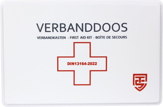 Technosafety Verbanddoos DIN13164-2022 + Wandhouder - EHBO kit - Verbanddoos voor thuis, kantoor en in de auto - Verbandkast - First Aid Kit - Internationaal Goedgekeurd - Noodpakket