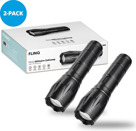 FlinQ Militaire Zaklamp - 1000 lumen LED lamp - Op Batterijen - Waterbestendige Flashlight - Ideaal voor Noodpakket - Geschikt voor Kinderen - 1000 meter Zicht - 2 Zaklampen