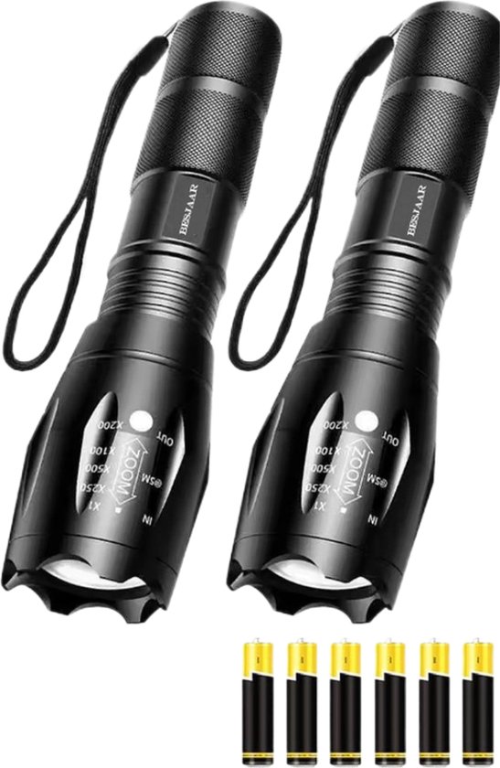 Besjaar® Zaklamp - Militaire Zaklamp - 2000 Lumen - Waterdicht - Zwart - 2 stuks - Inclusief Batterijen - Set - Noodpakket