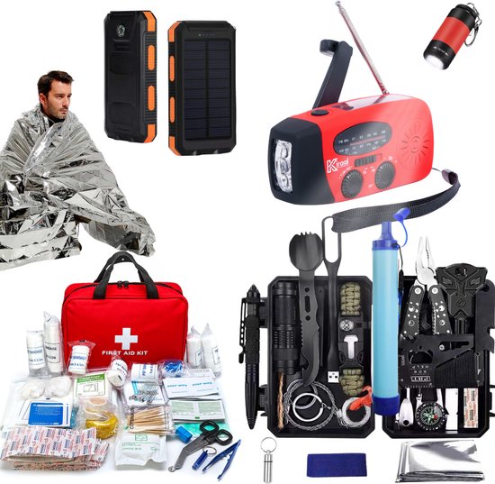 Kiraal Compleet Noodpakket – Survival Kit – EHBO Tas, Powerbank met Zonnepaneel, Noodradio, Warmtedeken & Waterfilter – Voor Thuis, Reizen & Rampen - 190 delig