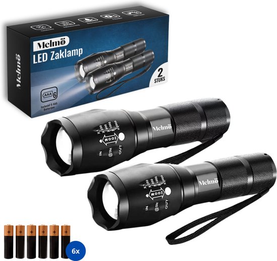 Melmö® LED Zaklamp - Set van 2 Stuks - 1200 Lumen - Bereik tot 1000m - 5 Lichtstanden - Zoombaar - Water­dicht voor Outdoor/Noodpakket - Inclusief 6x AAA Batterijen
