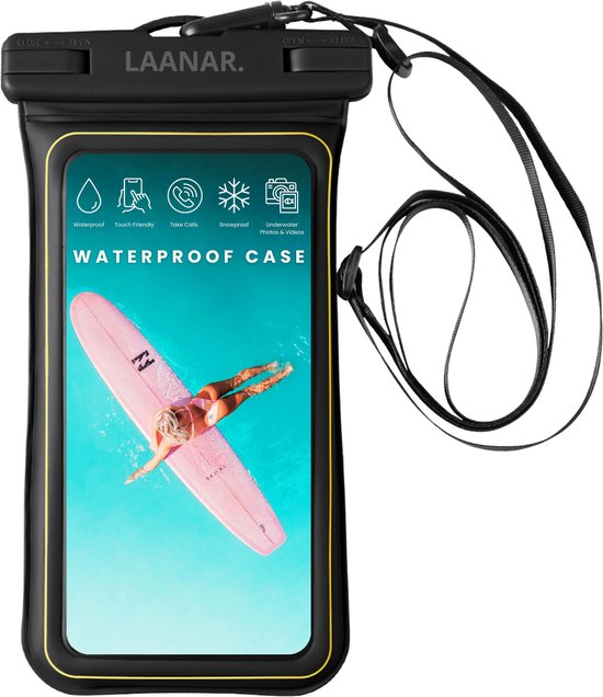 LAANAR® Waterdicht Telefoonhoesje Drijvend - Dry Bag Onderwater Hoesje Telefoon tot 6.8 inch - Waterbestendig Hoesje met Dubbele Clip Sluiting incl. Nekkoord - 100% Waterproof Telefoonhoesje - Zwart
