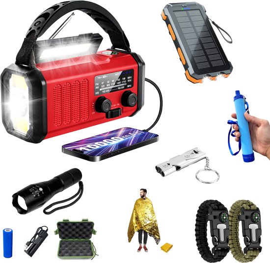 DreamGoods PRO - Noodpakket voor Thuis - Compleet Overlevingspakket bij Oorlog, Rampen & Stroomuitval - 10.000mAh Noodradio Solar Opwindbaar en Batterij - 72 uur Survival Kit, Armband, Powerbank, Waterfilter, Nooddeken, Noodfluit - Kamperen & Outdoor