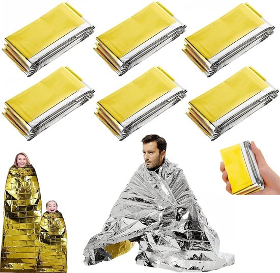 Nooddeken - 6 Stuks - Isolatiedeken - Reddingsdeken 210*160cm - Waterdichte Overlevingsdeken - Reddingsdekens - Ehbo-Deken - PE - Thermische Nooddeken - Ehbo Noodpakket - Buiten/Wandelen/Kamperen/Hiken - Goud/Zilver - Voor Eerste Hulp Noodgevallen