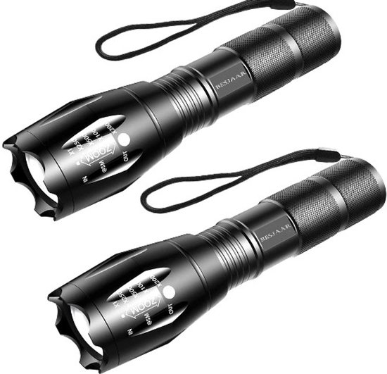 Besjaar Zaklamp - Militaire Zaklamp - 2 Stuks Zaklampen LED - 2000 Lumen - IP65 Waterdicht - Zwart