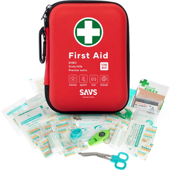 SAVS FA-170 EHBO Kit - 170-delig - Verbanddoos voor thuis, kantoor en in de auto - Verbandtas set - Verbandtrommel - Verbandkoffer - Compleet noodpakket - EHBO koffer - Verband opbergbox - Care doos - Travel first aid kit